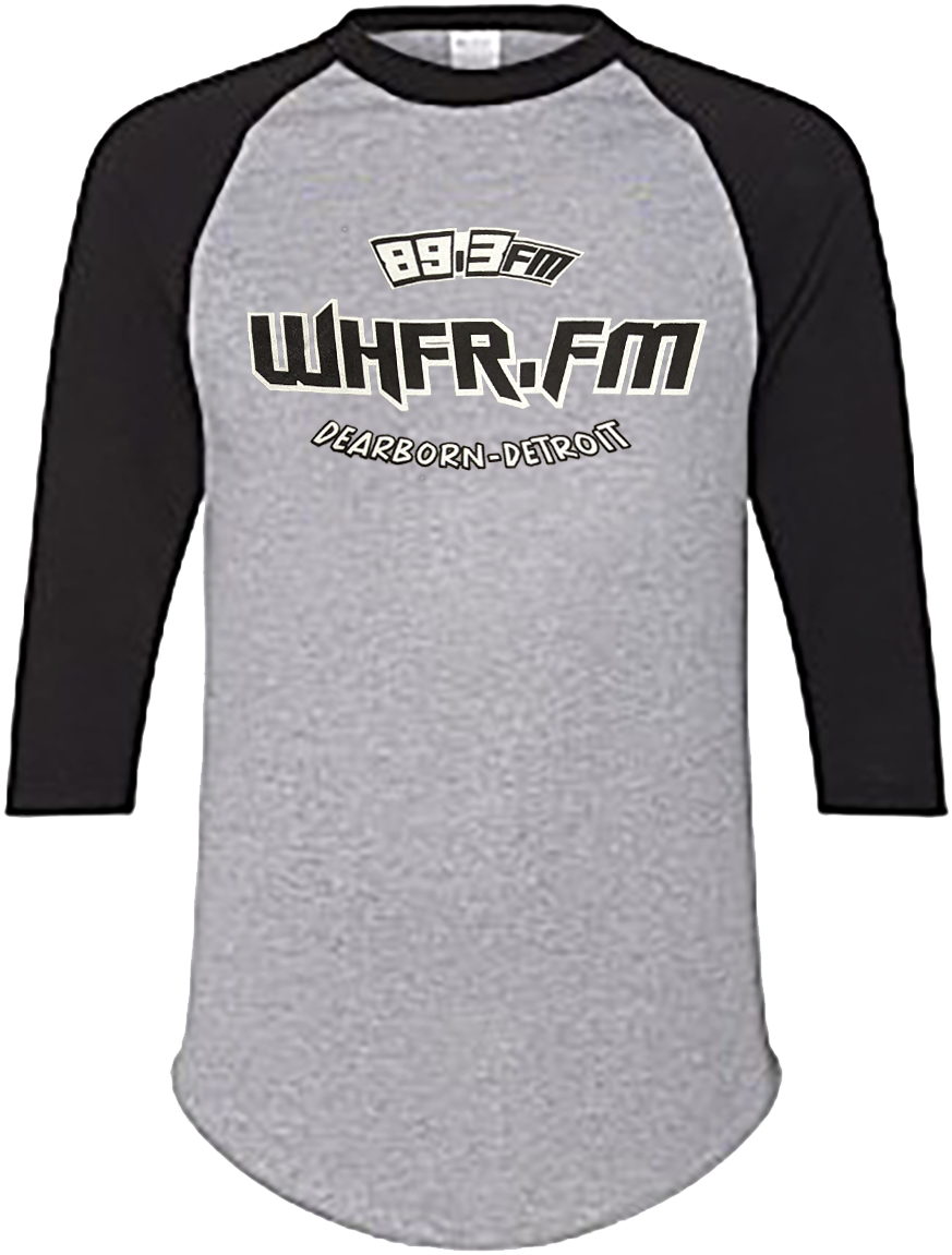 A photo of a grey and black WHFR.fm t-shirt